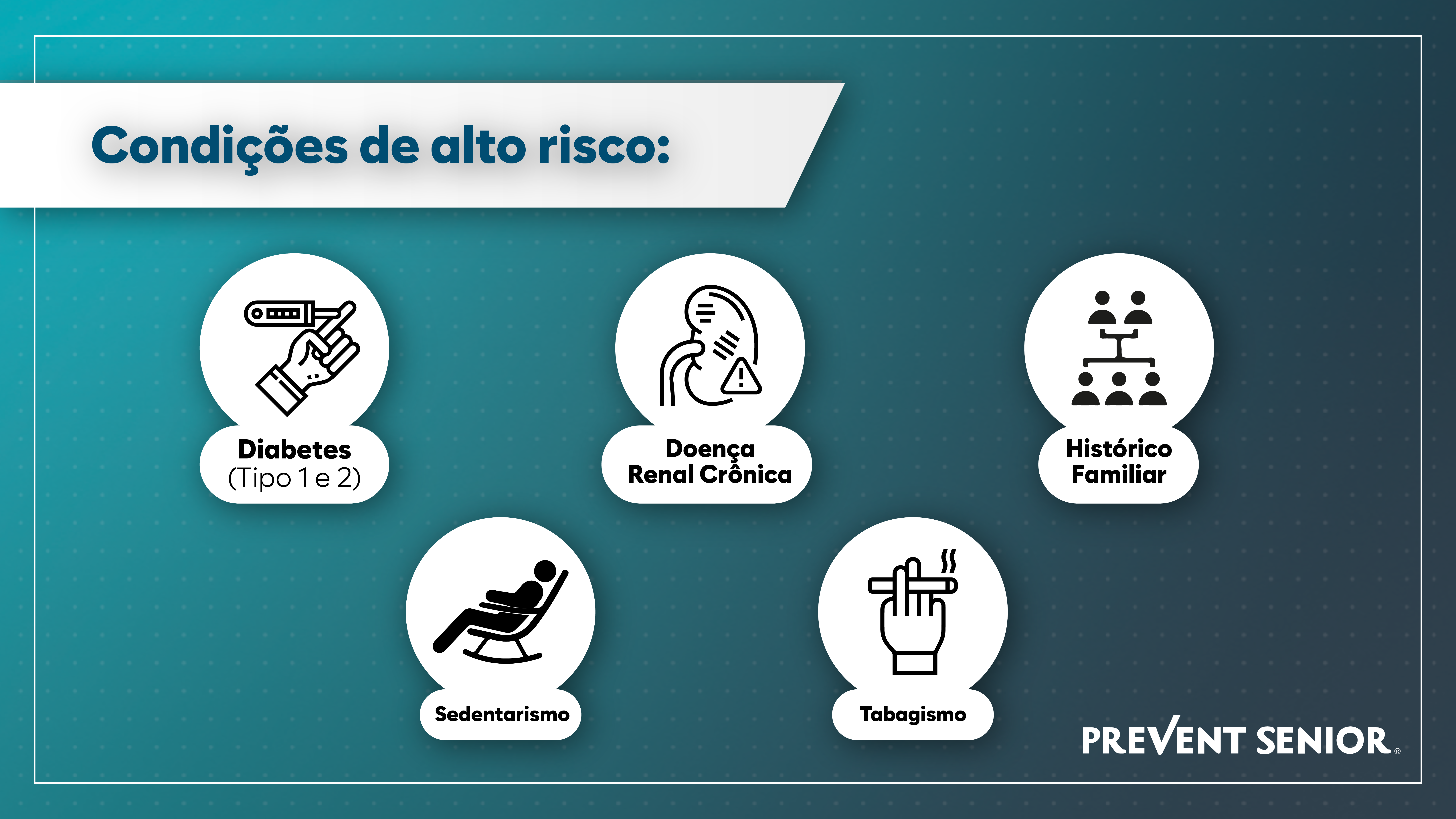 Condições de alto risco: > Diabetes tipo 1 e tipo 2 > Doença renal crônica > Histórico familiar > Sedentarismo > Tabagismo