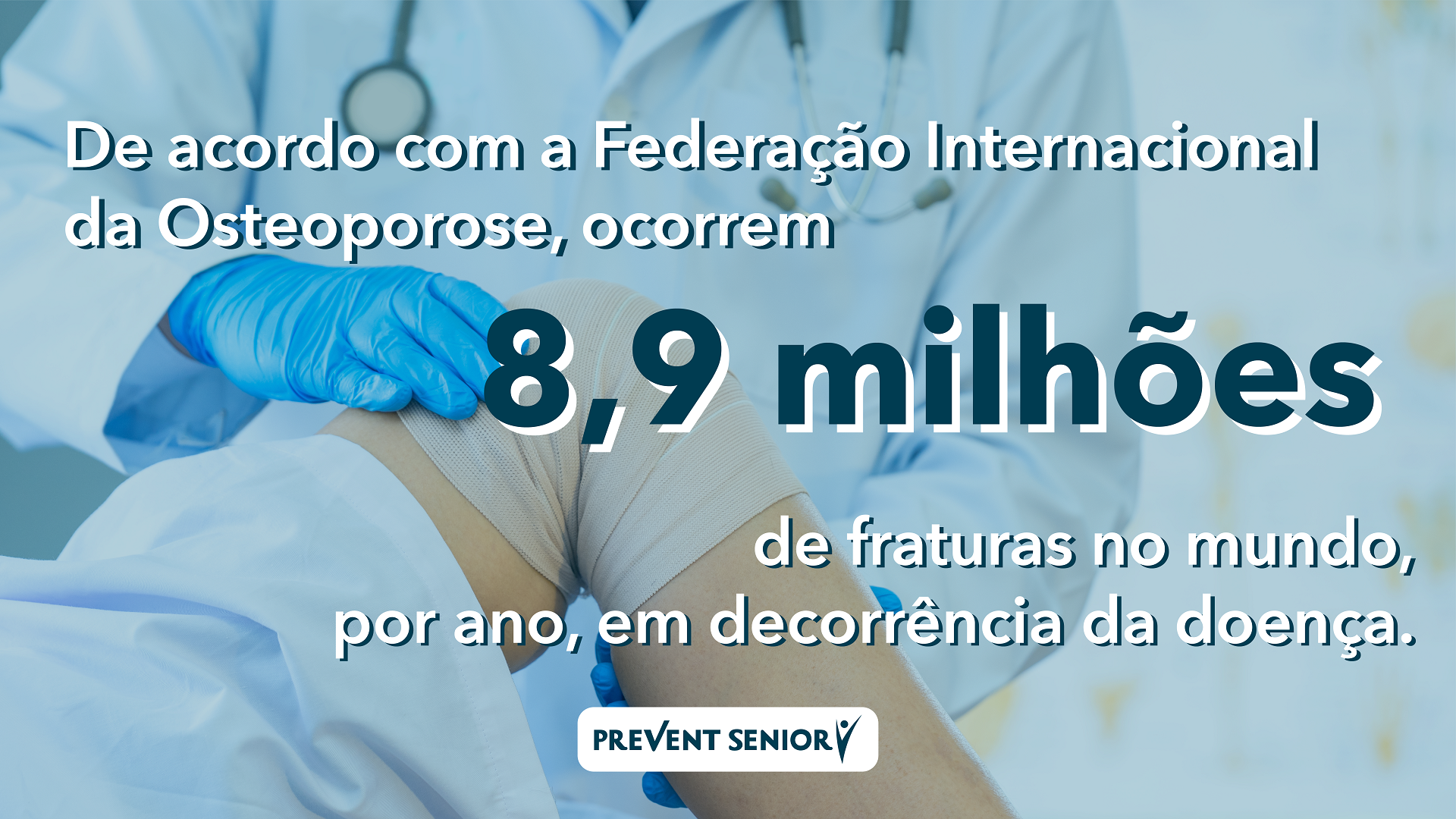 Imagem mostra médico examinando paciente e há os dizeres: de acordo com a Federação Internacional de Osteoporose, ocorrem 8,9 milhões de fraturas no mundo, por ano, em decorrência da doença