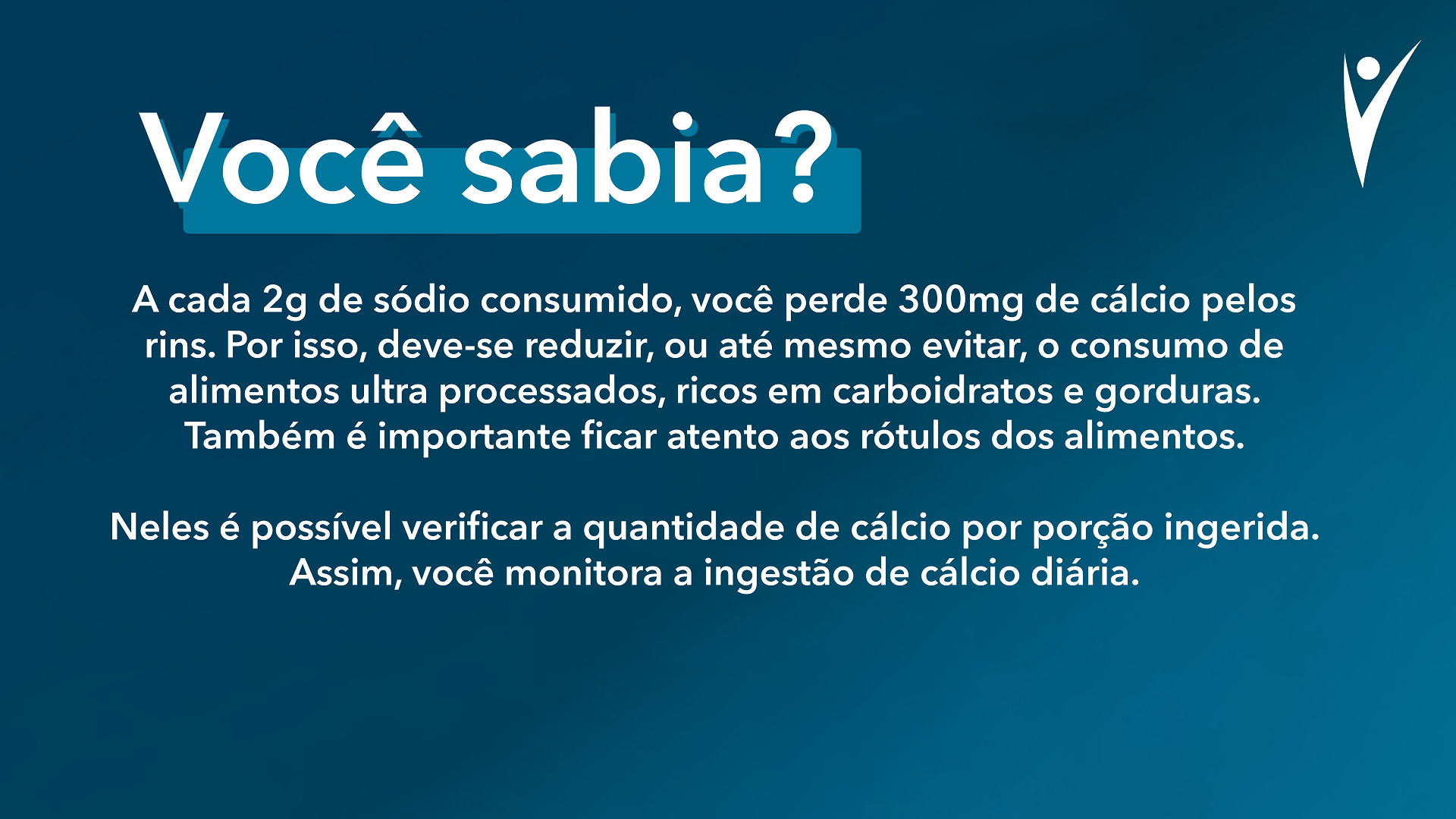 Card tem fundo azul marinho e destaca a seguinte informação: a cada 2g de sódio consumido, você perde 300mg de cálcio pelos rins